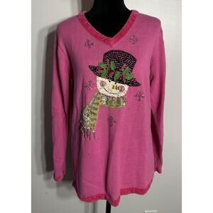 Quacker Factory Sweater Pink Snowman Sequins Long Sleeve Beaded Holidays Medium